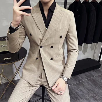 2023New אופנה, עסקים של גברים (חליפה + מכנסיים) נאה בשורה אחת כפול עם חזה גברים פסים רשמי מזדמנים שני חלקים