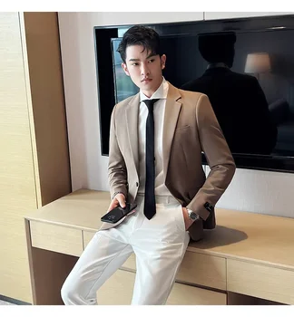 High-end עסק של גברים מקרית בלייזר סלים קוריאני בסגנון יוקרתי אלגנטי ז 'קט שחור משמש חום מוצק צבע הגברי 