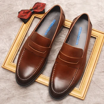 איטלקי שחור חום גברים נעלי אוקספורד אופנה עור אמיתי עור פרה להחליק על נעלי נעליים מזדמנים המוקסין שטוח גברים נעלי שמלה