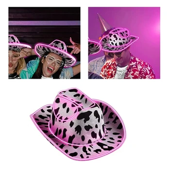 למבוגרים מסיבת חתונה בוקרת כובע עם אור LED-אפ ברים פרה דפוס כלה המערבי Fedoras כובע וsunproof עבור הכלה Dropshipping