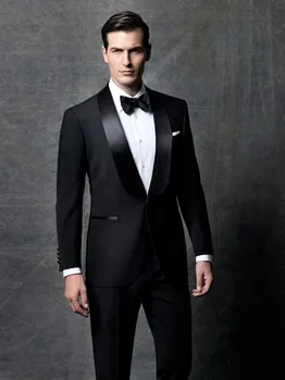 שחור אלגנטי חליפות לגברים הצעיף דש Slim Fit החתונה עסקים טוקסידו בהזמנה אישית שני חלקים (ז ' קט+מכנסיים) De Trajes גבר