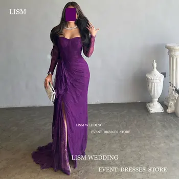 LISM סגול תחרה מתוקה שמלת ערב סקסית גבוהה פיצול חריץ צד שמלות שרוולים ארוכים בת ים רשמי שמלות אירוע