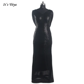 שמלות ערב קלאסית פשוטה פאייטים שחור V-צוואר רוכסן בחזרה בתולת ים חצוצרה באורך רצפת בתוספת נשים גודל שמלת מסיבת C880