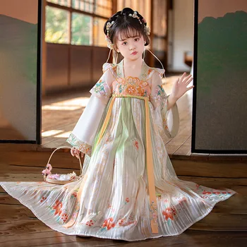 בנות לחקות מתוק מקסים טאנג השיר שושלות סיניות חדשות Hanfu שמלת קיץ שמלה מזדמן העתיקה של ילדים שמלה רקומה