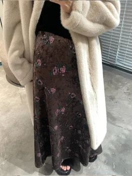 בציר קטיפה חצאיות ארוכות נשים מעובה חם סתיו חורף 2023 אופנה פרחוני מודפס חופשי מקסי-חצאית אלסטי המותניים Faldas