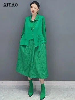 XITAO חופשי מזדמנים שמלת שרוול מלא טלאים, סריגה שווא שתי חתיכות אופנה טמפרמנט 2023 סתיו שמלה חדשה DMJ2648