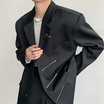 ענק שחור בלייזר גברים באיכות גבוהה אופנה פנאי חליפת מעילים רב רוכסנים זכר אופנת רחוב מקרית קוריאני כל-התאמת החליפה