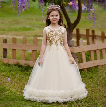 פרח שמלת ילדה שמפניה פלאפי טול תחרה ניצוץ חתונה פרח חמוד הילד הראשון של הנסיכה סעודת האדון שמלת מסיבת יום הולדת