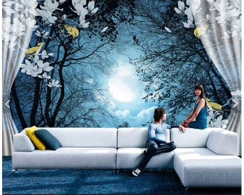 beibehang טפט מותאם אישית 3d ציור קיר וילון פרחים טפט שחור בסלון בשקט לאור הירח 3D TV רקע נייר קיר ציור קיר