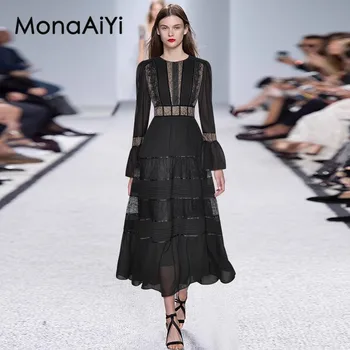 MonaAiYi 2023 אופנה חדשה המסלול מעצב נשים Loudspeaked עם שרוולים ארוך חלול תחרה פנל קפלים בסגנון נסיכה להתלבש