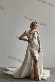 סאטן חרוזים שרוול ארוך שמלת כלה בתולת ים שמלות כלה נשים העצום הצוואר ערבית דובאי החלוק De Mariée