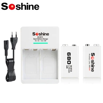 Soshine 6F22 9V 680mAh סוללה נטענת ו-2 חריצים חכם Li-Ion מטען עם LED 9 וולט סוללות עבור גלאי מתכות צעצוע