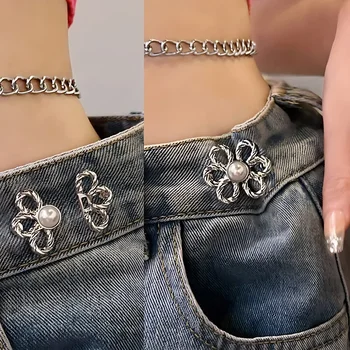 פנינה פרח מתכת ג ' ינס כפתור הצמדה להסרה מכנסיים קליפים כפתורים סיכות DIY המותניים מותחן בגדים אבזמים כלי תפירה