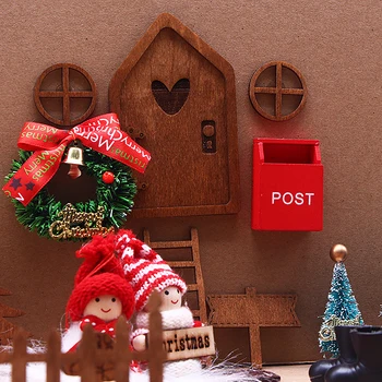 מיני בית בובות שדון הדלת תפאורה חג המולד סימולציה אור מחרוזת כובע זר עץ קופסות מתנת הפיה Toyhouse מיניאטורי זירת מודל