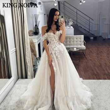 המלך מתוקה אפליקציות תחרה קו A שמלות חתונה עבור נשים 2024 את כתף אורך רצפת שמלת כלה Vestido De נוביה