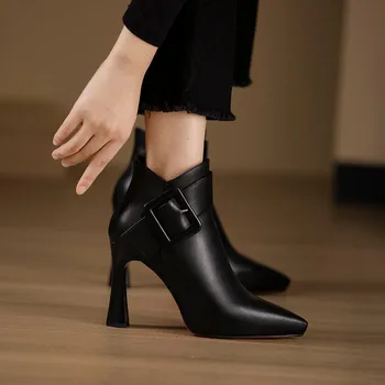 2023 חמה למכירה נעלי נשים קרסול מגפי נשים אלגנטי מודרני מגפי נשים מוצק אבזם רוכסן מחודד בוהן עקב גבוה נעליים נשיות