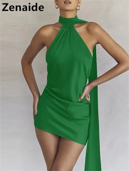Zenaide הלטר הצוואר Bodycon מיני שמלה שחורה ללא שרוולים נשים סקסי ללא משענת סאטן שמלות קיץ מסיבת מועדון 2023 ירוק Y2K