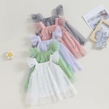 0-5Y בייבי בנות טול שמלה הפעוט לעוף שרוול 3D פרח/פרפר קלע חצאית שמלת נסיכה שמלות ערב ילדים בגדי הקיץ