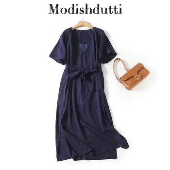 Modishdutti 2024 באיכות גבוהה נשים אופנה וינטג ' שרוול קצר לשרוך Midi שמלה נשית מוצק מקרית V-צוואר חולצת שמלות