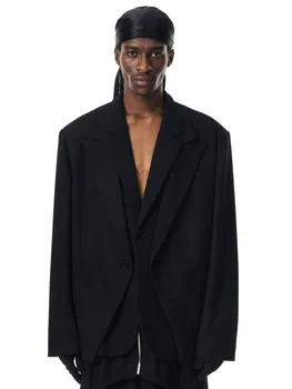 Y2K חוש עיצוב כפול מחשוף מזדמן אופנה ז ' קט חליפה שחור לגברים