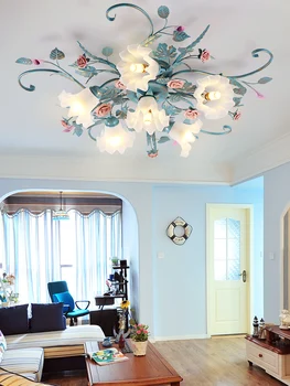 פסטורלי מנורת תקרה בסלון האמריקאי הכחול ברזל רטרו השינה אור Led החדר של הילדה חם פרחים וצמחים תאורה