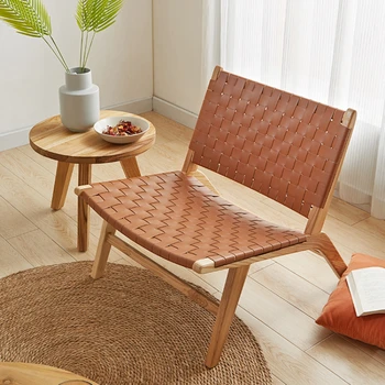ספה לבנה אוכף עור עץ מלא תוספות ארוגים הכיסא הפנוי נורדי יחיד עיצוב יומן יפני קורא את הכיסא