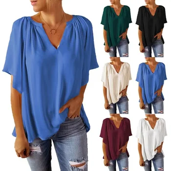 נשים 2023 קיץ חדשה מתגנדר חולצות V בצוואר שרוול קצר צמרות טוניקה מקרית מוצק צבע חולצות חופשי משרד ליידי אלגנטית