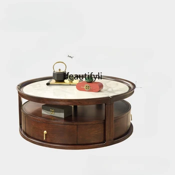 Ugyen עץ חדש בסגנון סיני תה שולחן הסלון השיש מעץ מלא עגול תה שולחן אור יוקרה רב תפקודי תה השולחן