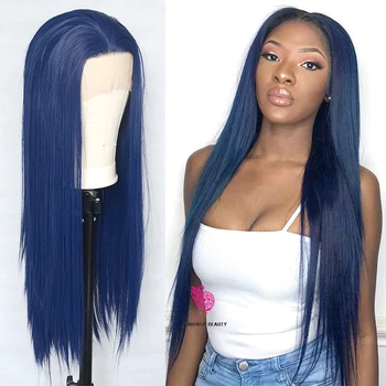 כחול כהה הקדמי של תחרה ישר עמיד בפני חום פאה סינטטי באיכות גבוהה שיער פאה עם שיער לנשים שחורות