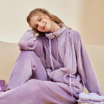 Pijama Feminino פיג ' מות פלנל עבור נשים סתיו חורף מזדמן מעובה קורל קטיפה הביתה בגדים חום הלבשת לילה להגדיר