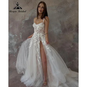 סקסית האזרחי גבוה פיצול תחרה פרחוני 3D פיית חתונה שמלה לנשים 2024 חלוק נשי המחוך בחזרה רצועות ספגטי שמלת כלה בוהו.