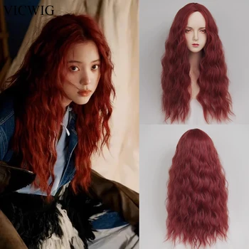 VICWIG סינתטי ארוך, גלי, מסולסל אדום פאות נשים הטבע לוליטה קוספליי שיער חום עמיד הפאה ליום המסיבה