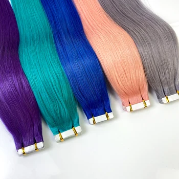 JSNME צבע הקלטת תוספות שיער אדם 100% באמת השיער נשאר שיער לנשים טבעי ישר כחול צבע ורוד עבור סלון