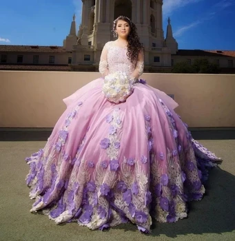 הנסיכה הטקס שמלות שמלת נשף שרוולים ארוכים פרחוני פנינים 16 שמלות 15 שנים מקסיקני