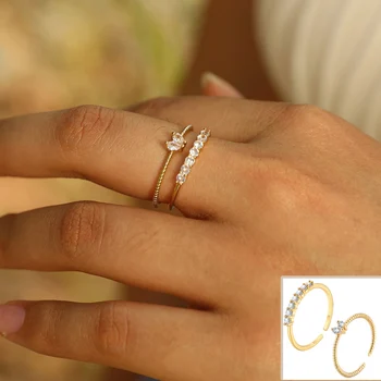 2pcs Stackable מצופה זהב מעוקב Zirconia טבעת הנישואין לפתוח מותג, גודל דק בשכבות טבעות Promized האצבע תכשיטים לנשים
