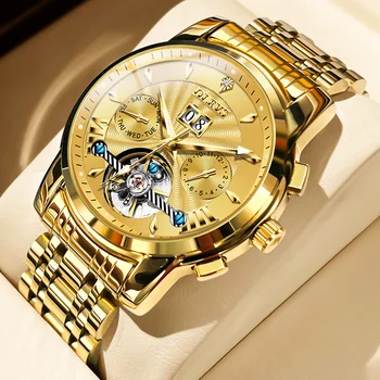 OLEVS מכאניים שעונים תאריך זוהר שעון גברים אוטומטי שעונים של גברים יוקרה המקורי מותג זהב פלדה טורבילון השעון