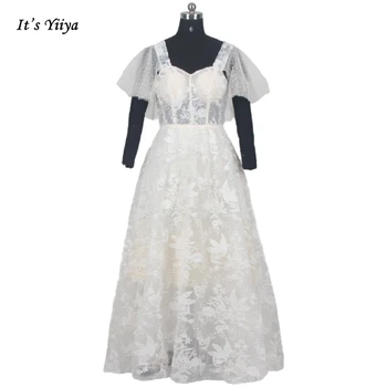 זה Yiiya שמלת ערב בצבע בז ' רקמה טול קפלים חצי שרוולים קרסול אורך-קו נשים, שמלות צד בתוספת גודל E686