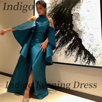 אינדיגו כחול כהה נשף סאטן שמלות גבוה הצוואר מן הכתף טין באורך רצפת נשים רשמי האירוע השמלה 2024 فساتين السهرة