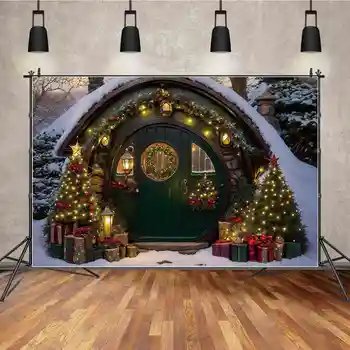 מון.QG רקע עץ חג המולד מתנה Gnome האט קישוט הבית צילום אביזרים רקע עגול עץ ירוק הדלת אורן אספקה