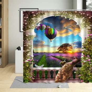 3D חלום טבעי נוף כפרי צמח וילון אמבטיה פרחים מפל וילונות קמור הדלת יצירתי אמבטיה עיצוב עם ווים