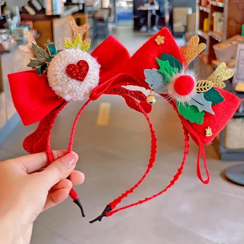 אדום קרניים Bowknot Headbands עבור בנות חג המולד Hairbands פסטיבל הילדים הראש חישוק פום הכדור הכובעים מסיבה אביזרי שיער
