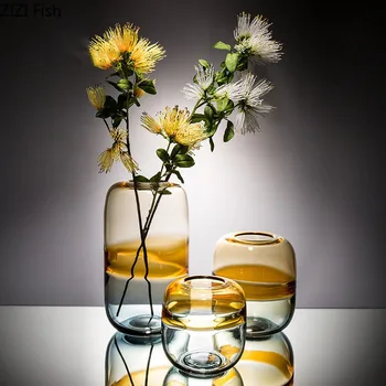 יצירתי צבע אמבר בצבע אגרטל זכוכית הידרופוני פרח עציץ השולחן קישוט פרחים מלאכותיים דקורטיביים סידור פרחים