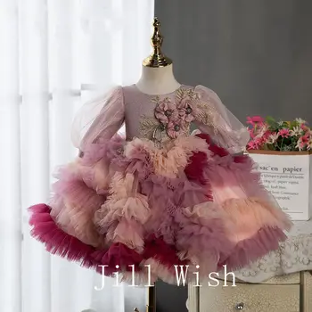 ג ' יל הלוואי פרחוני דובאי פוקסיה פרח ילדה שמלות ערבית אפליקציות הנסיכה ילדים שמלת תינוק יום הולדת מסיבת חתונה להראות J402