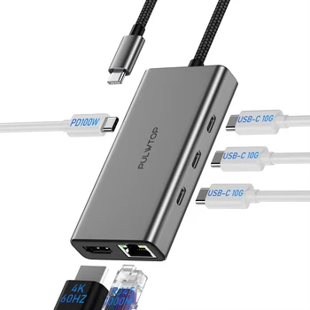 6 ב 1 USB C רכזת Multiport מתאם רציף עם 4 * 10Gbps USB C, יציאת HDMI@4K60Hz,100W משטרת טעינה עבור מחשב נייד MacBook Air iPad Pro