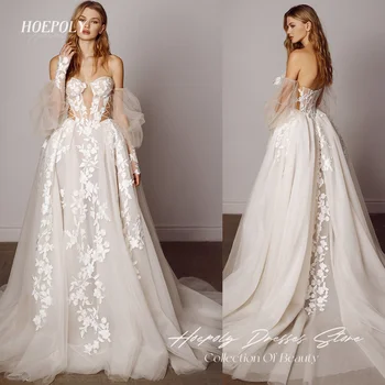 Hoepoly מתוקה האשליה פשוט נשים שמלות כלה אפליקציות רכבת לטאטא קו עם קפלים שמלות לנשף שמלת הכלה החדשה 2023