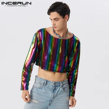 INCERUN קצוץ מקסימום 2023 האמריקאי סגנון חדש Mens אופנה פלאש אלמנט בד חולצות מזדמנים צד מראה עם שרוולים ארוך Camiseta