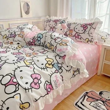 4PCS 1.5 מ '/1.8 מ'. המיטה Sanrio כותנה מצעים קריקטורה אנימה העור ידידותי נוח הטקסטיל לבית הלו קיטי מיטה זוגית המצעים