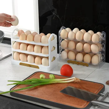 2023 מקרר ביצה מחזיק 30 רשתות ביצה תיבת אחסון סיבוב 3 שכבות מקרר ביצים מיכל חוסך מקום במטבח ביצים מחזיק תיק