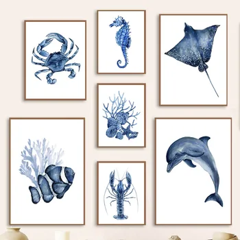 הלוויתנים דולפין סרטנים, דגים, תמנונים סוסון ים אלמוגים באוקיינוס אמנות קיר קנבס ציור פוסטרים, הדפסת תמונות קיר עיצוב חדר ילדים