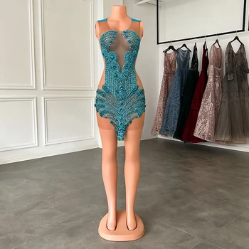 מדגם אמיתי יוקרה סקסי לראות דרך שמלות לנשף קצרות 2023 אלמוג כחול גבישי יהלום שחור בנות מסיבת יום הולדת פורמאלית שמלות